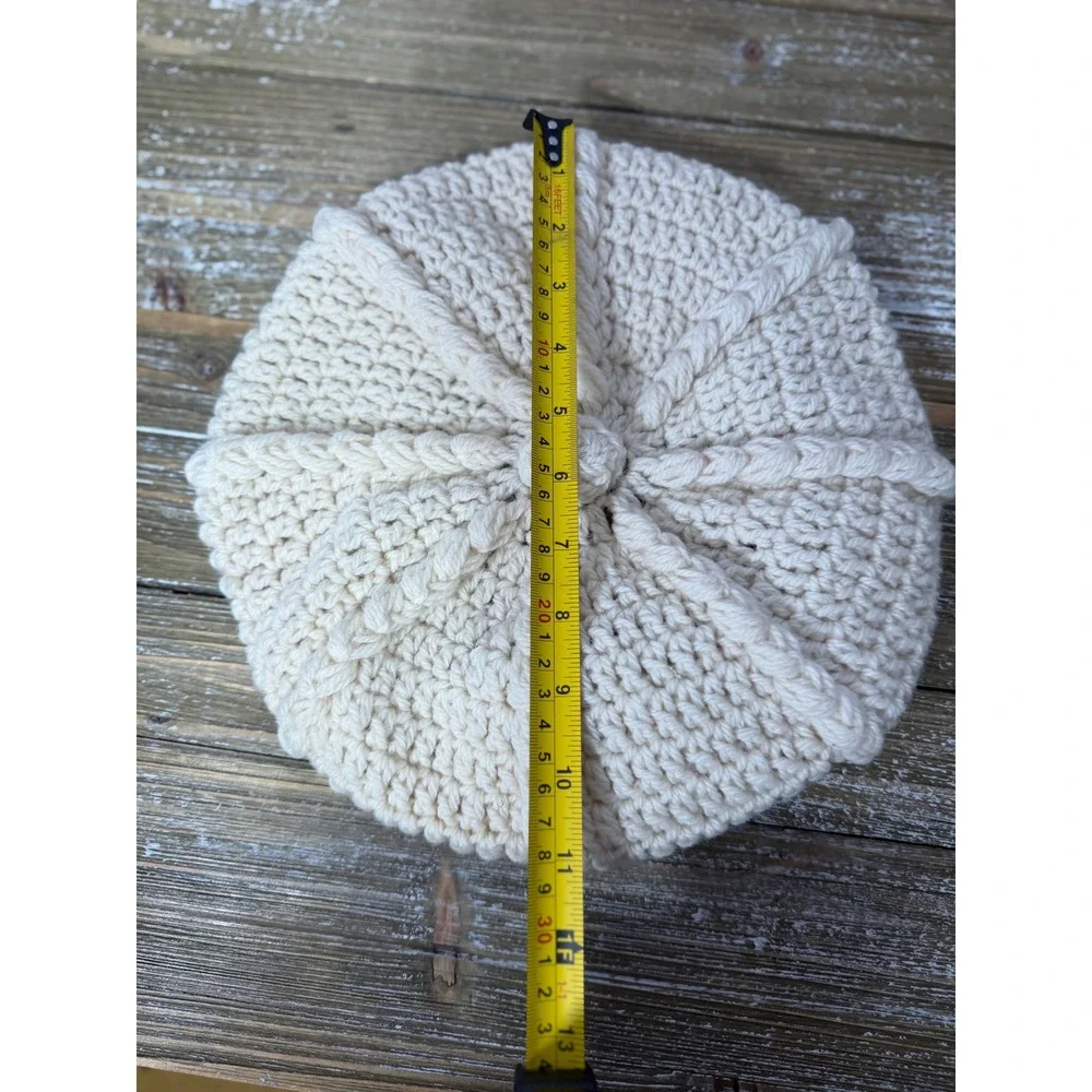 Vintage Handmade Crochet‎ Beret Hat Cream Off White Chunky Knit Tam Newsboy Boho